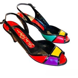 Vintage 80’s Color Block Peep Toe Leather Slingback Heels. SZ 8.5